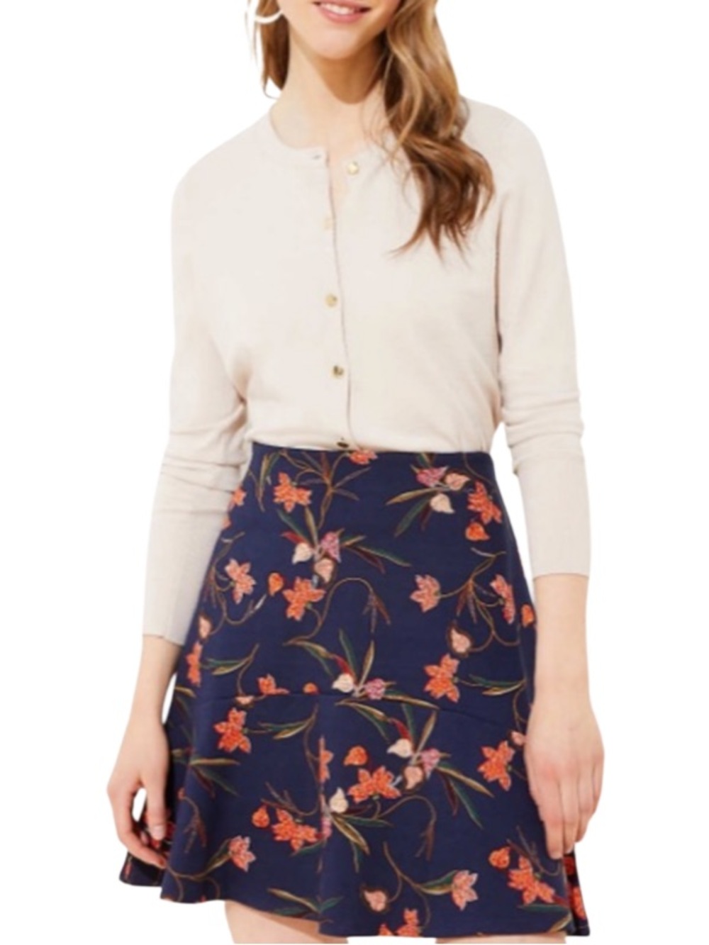 LOFT Navy Floral Skater Skirt with Orange & Pink Blossoms